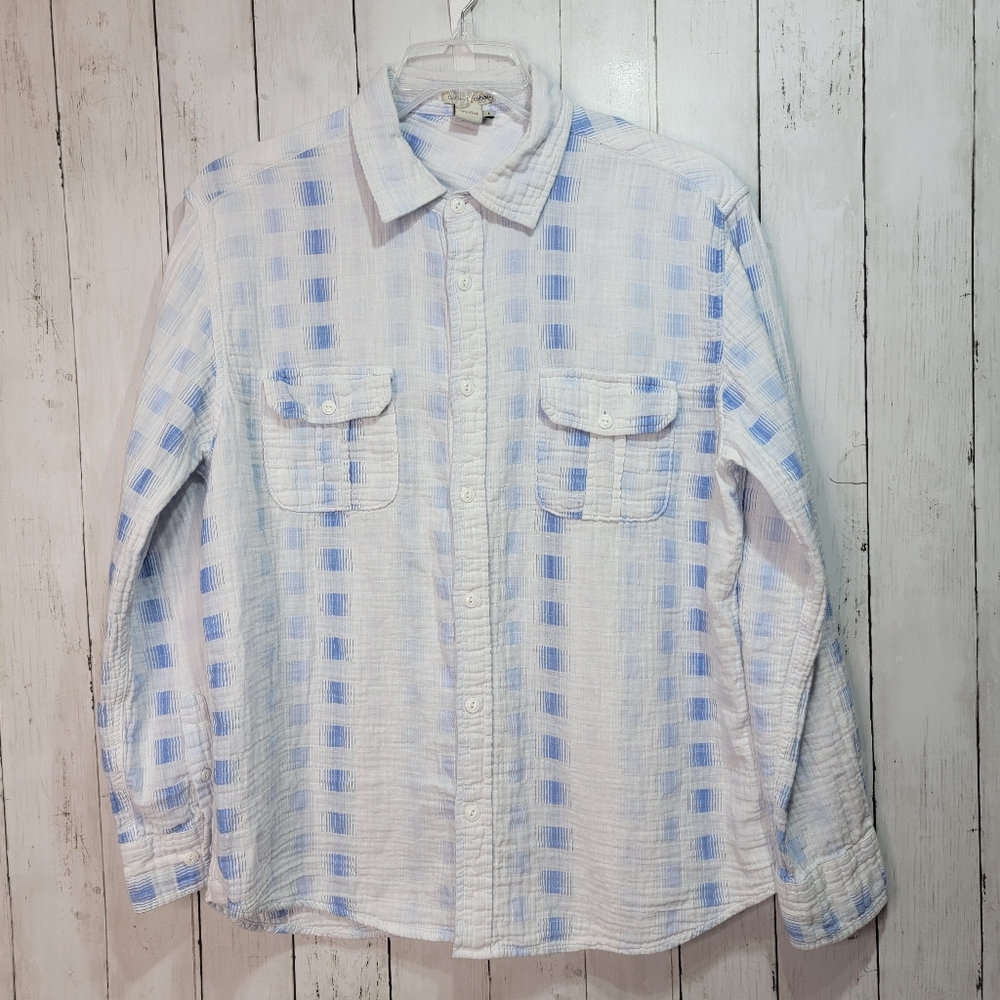 Carbon2Cobalt Men's White Blue Cotton Long Sleeve Button Up Shirt Pockets Large.